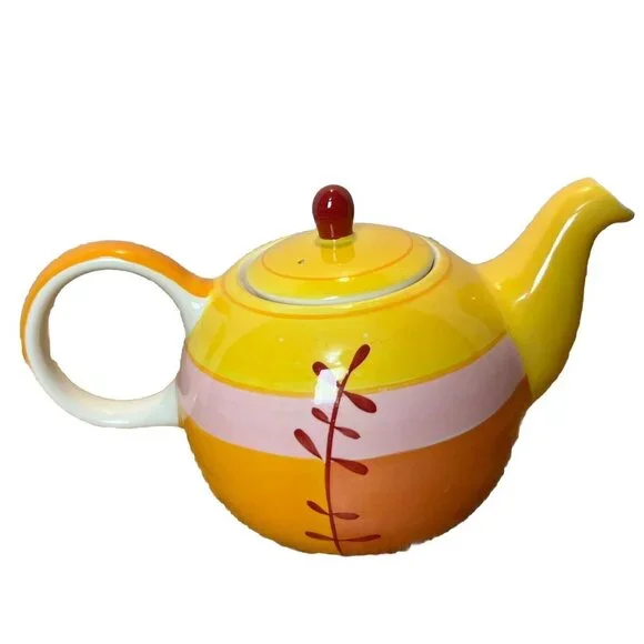 Hues N Brews Teapot Set w/ 2 Cups & Tray Ceramic Yellow Orange Hand Painted - Picture 3 of 11
